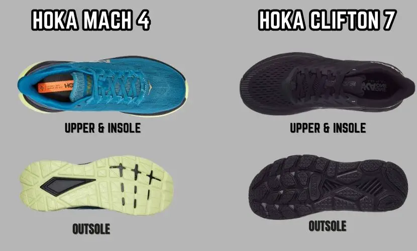 hoka mach 4 vs clifton 7 upper. insole and outsole 